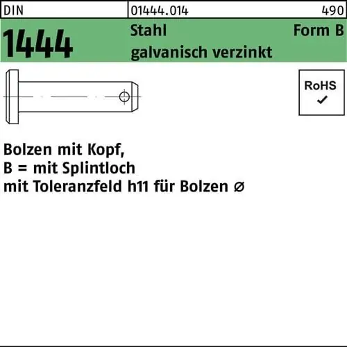 Neue Ware Bolzen DIN 1444/ISO 2341 m.Kopf/Splintloch B 20 x 50/42 galv.verz. 10 Stück
