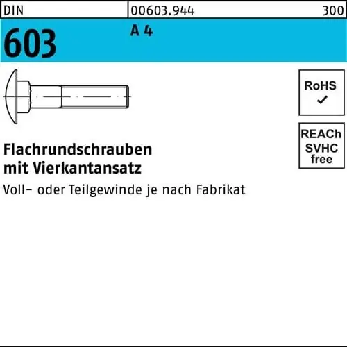 Abverkauf Flachrundschraube DIN 603 m.Vierkantansatz M 8 x 70 A 4 100 Stück