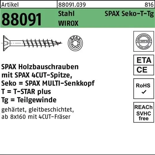 Schraube R 88091 SEKO/T-STAR TG 8x 260/80-T40 Stahl WIROX 50 Stück SPAX Jetzt Kaufen