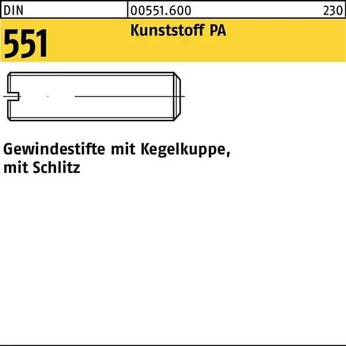 Gratis Versand Gewindestift DIN 551 Kegelkuppe/Schlitz M4x 8 Polyamid 100 Stück