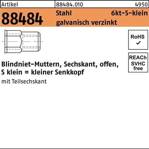Sechskantblindnietmutter R 88484 SEKO M4 /0,5 -2,0 Stahl galv.verz. 500St. Sichere Zahlung