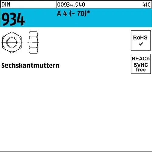 Sechskantmutter DIN 934 M6 A 4 (- 70) 1000 Stück Billig