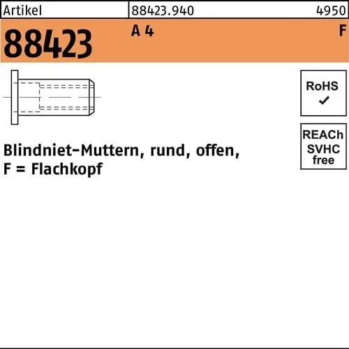Blindnietmutter R 88423 FLAKO M4/2,5 - 4,0 A 4 500 Stück Sichere Zahlung