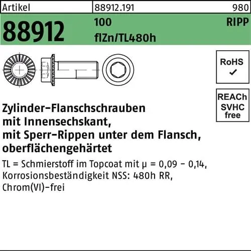 Zylinderflanschschraube R 88912 Sperr-Ripp In.-6kt M8x20 100 flZnnc480h-L 200St Sonderaktion