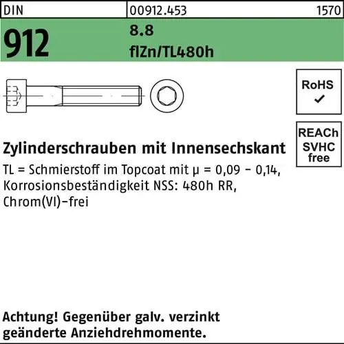 Zylinderschraube DIN 912 Innen-6kt M12x50 8.8 flZnnc 480h-L 100St. Aktuell