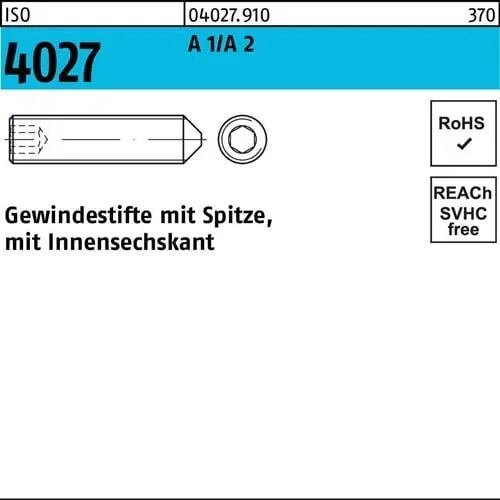 Garantierte Lieferung Gewindestift ISO 4027 Spitze/Innen-6kt M10x 20 A 2 100 Stück