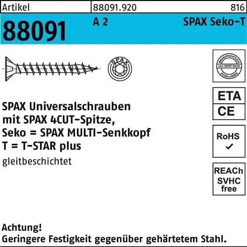 Markenware Schraube R 88091 SEKO T-STAR 4x 20/15-T20 A 2 200 Stück SPAX