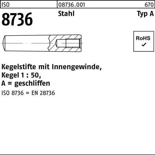 Kostenloser Rückversand Kegelstift ISO 8736 Innengewinde A 16x 90 Stahl Kegel 1:50 5 Stück
