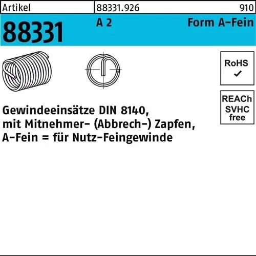 Gewindeeinsatz R 88331 FormA-Fein M12x1,5x18 A 2 15 Stück AMECOIL Expressversand