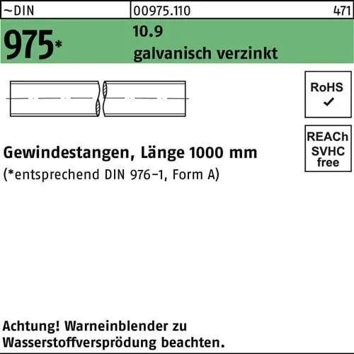 Kostenfreie Lieferung Gewindestange DIN 975 M8x 1000mm 10.9 galv.verz. 1 Stück