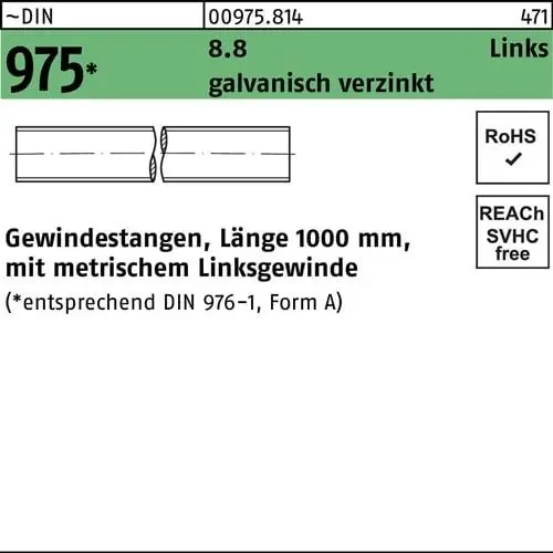 Neuheit Gewindestange DIN 975 links M12 -LHx 1000mm 8.8 galv.verz. 1 Stück