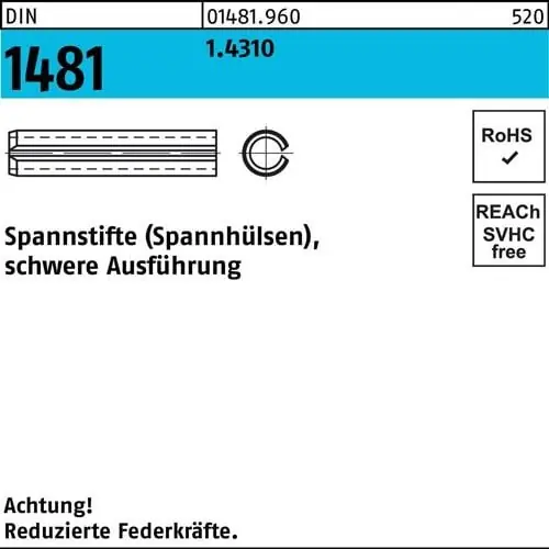 Zertifiziert Spannstift DIN 1481 5x 45 1.4310 schwere Ausführung 50 Stück