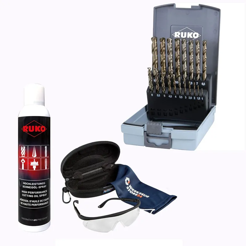 Bestseller RUKO Spiralbohrer-Satz HSSE-Co 5, 19tlg., 1–10 mm, DIN 338 Typ VA inkl. Spray & Schutzbrille - WZS215214RO