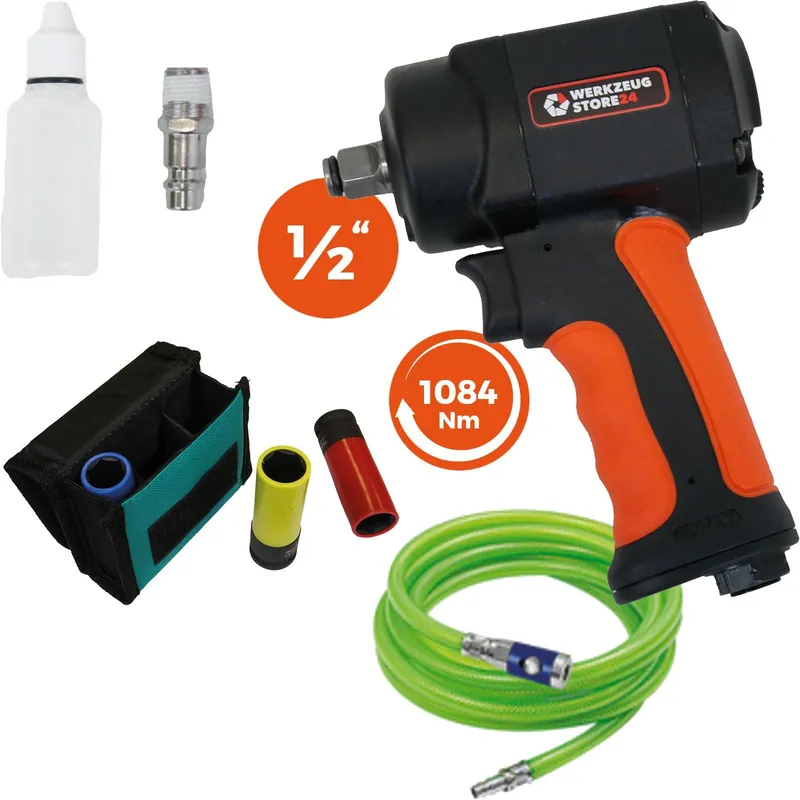 Saisonangebot WS24 Druckluft-Schlagschrauber 1/2" mini + PVC-Schlauch leuchtgrün + Steckschlüsselsatz